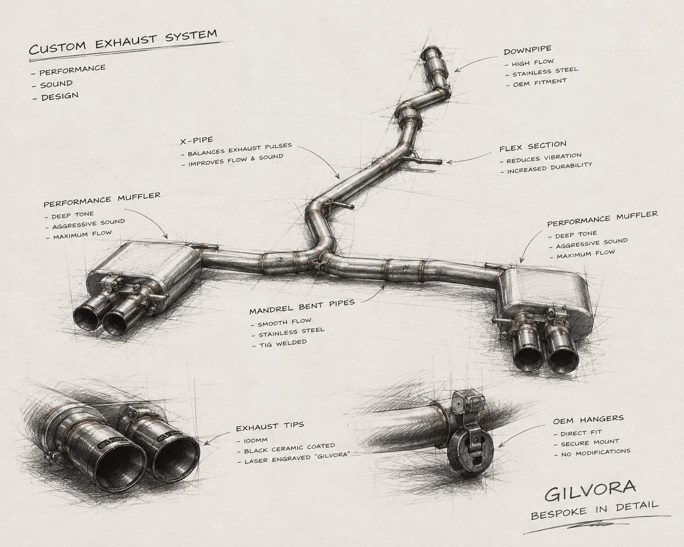 Geannoteerde ontwerpschets van een custom uitlaatsysteem met X-pipe, dempers en sierstukken