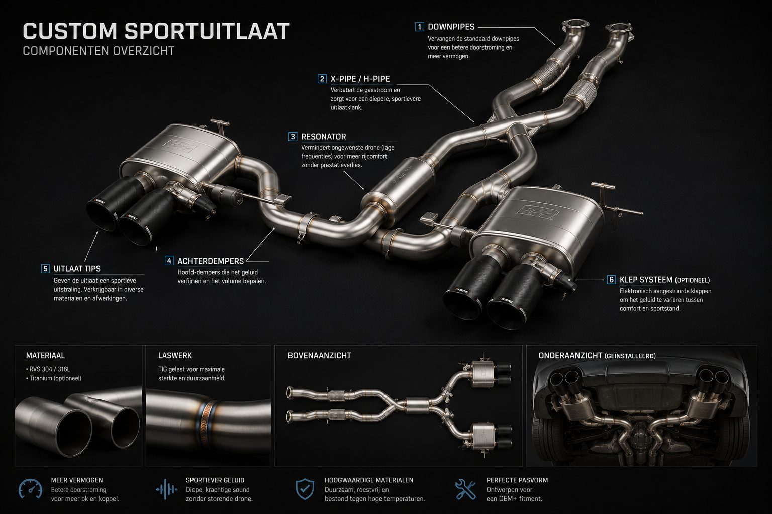 Componentenoverzicht van een custom sportuitlaat met downpipes, X-pipe en dempers